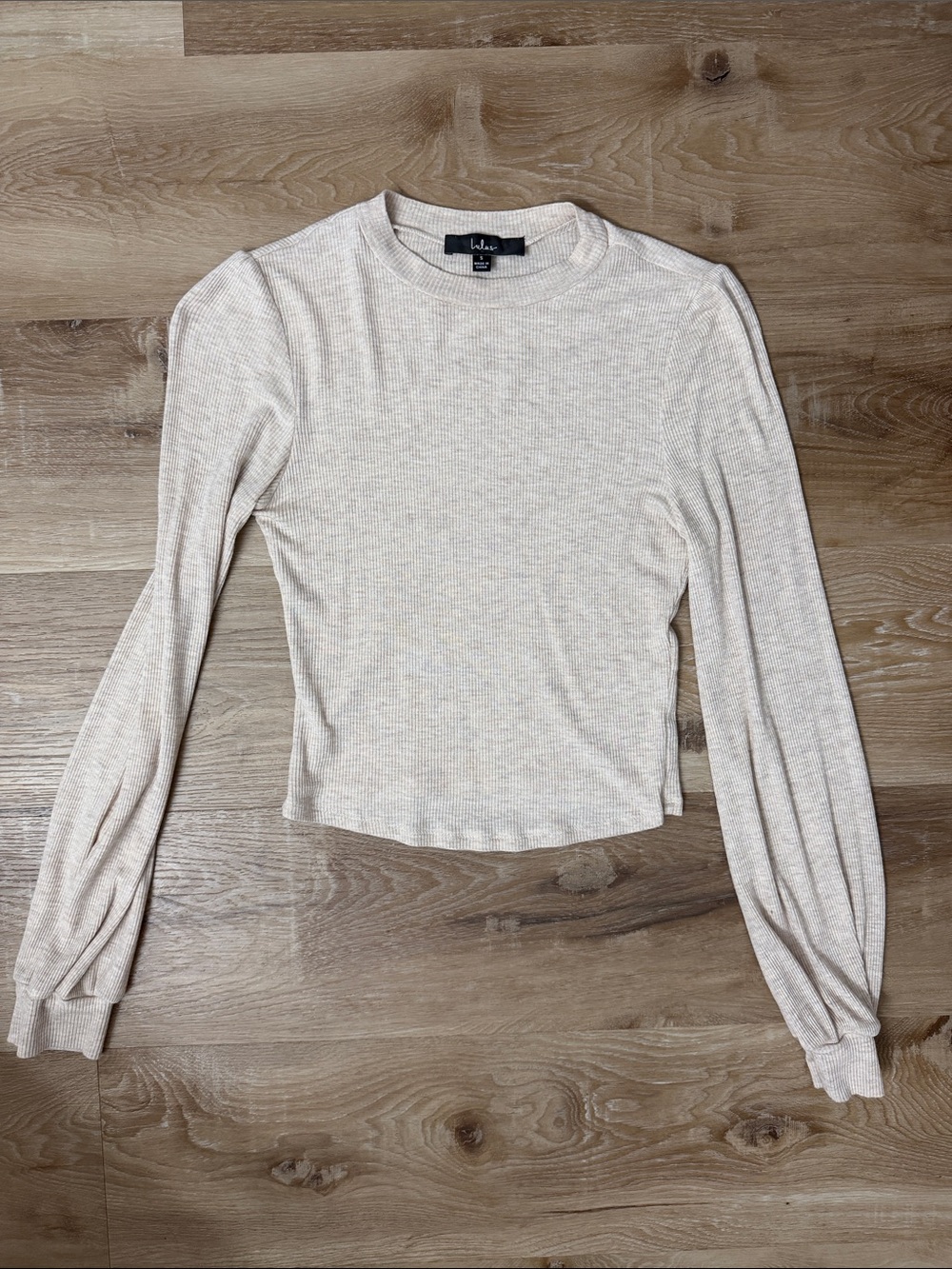 Lulu's Neutral Ribbed Long Sleeve Crewneck Top - Beige